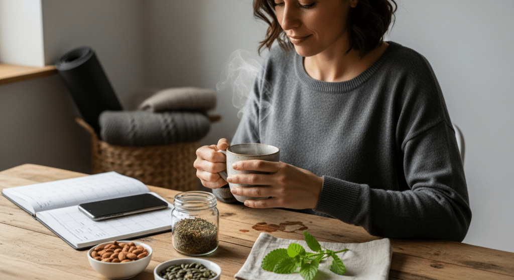 ciklus luteális szakasz: nő teakészítéssel, citromfű és magvak