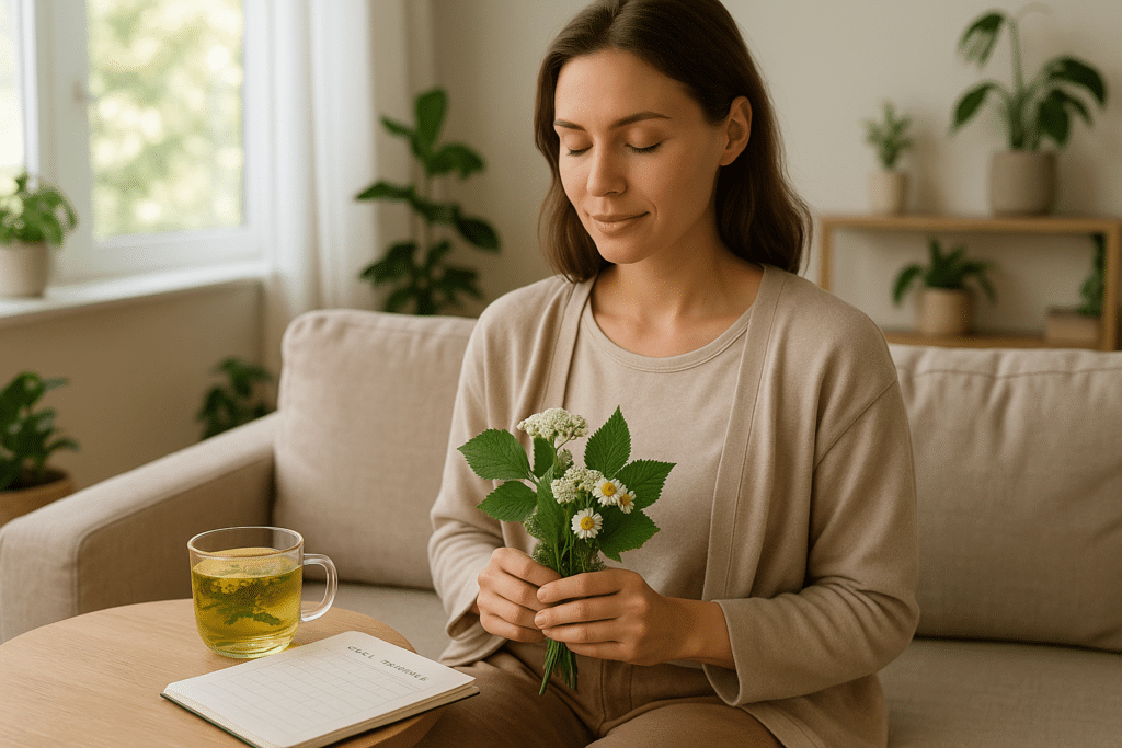 Nyugodt nő gyógynövényekkel a menstruációs ciklus javítása támogatására.