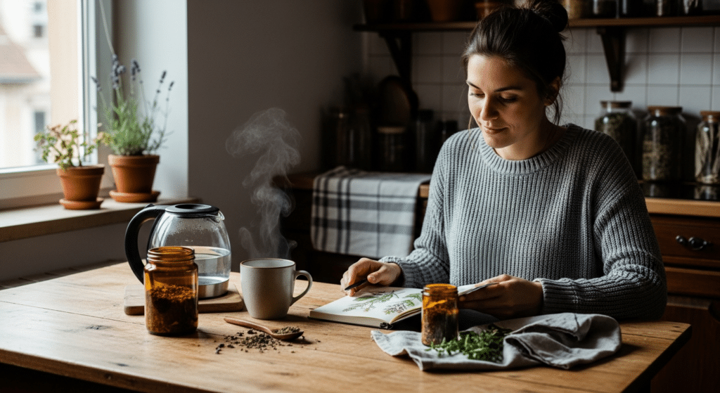 női hormonális egyensúly — nő gyógyteát készít napfényes konyhában