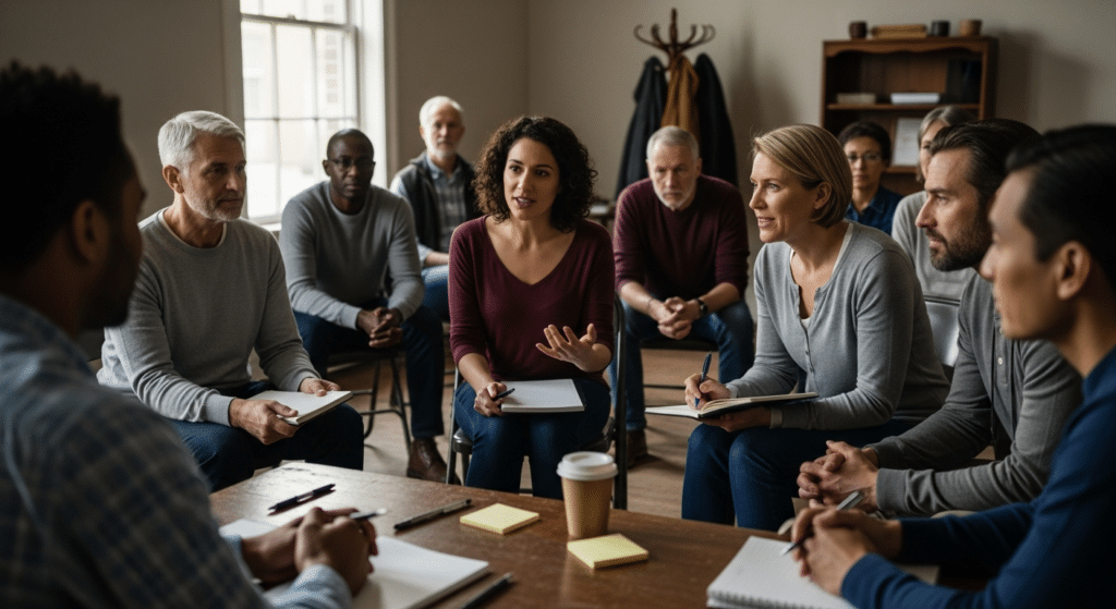 Különböző korú felnőttek társas készségfejlesztés workshopon, aktív hallgatás.
