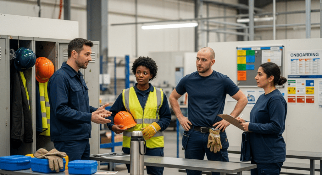 Műszakvezető és dolgozók a fizikai munkások fluktuációja csökkentéséről.