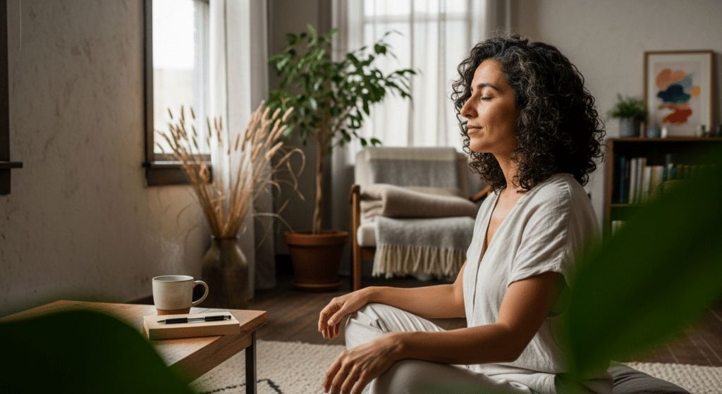 Nő meditál ablaknál, imagináció technikák gyakorlása otthoni sarokban