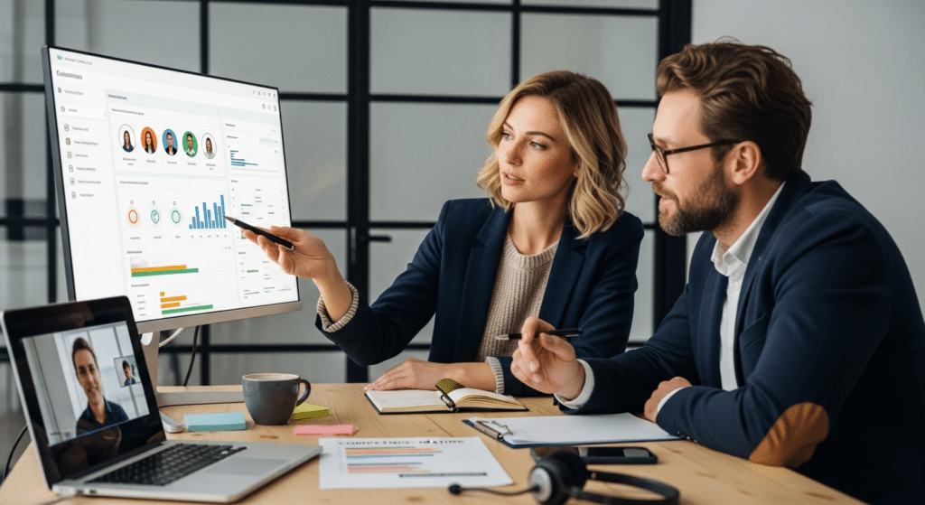 Két HR szakember jelöltkezelő rendszer monitorján jelölteket értékel tárgyalóasztalnál