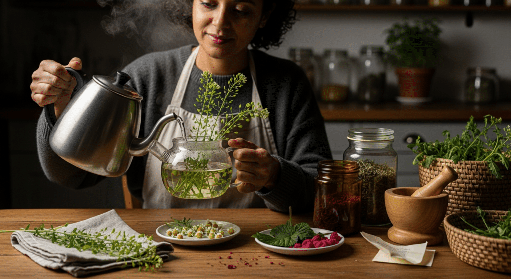 Nő készít gyógynövényteát pásztortáska hatása szemléltetésére
