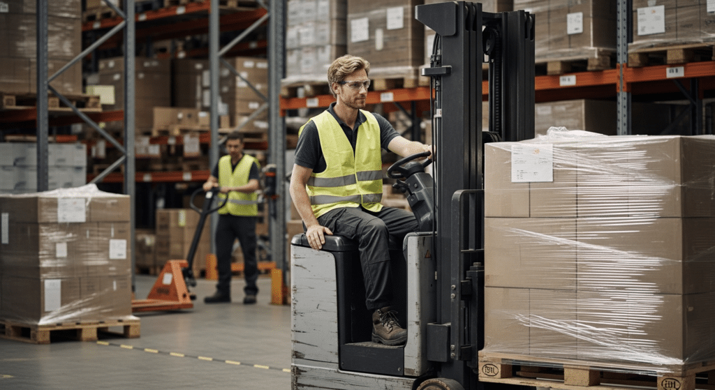 targoncás munkák: férfi targoncavezető precízen raklapot helyez raktárban