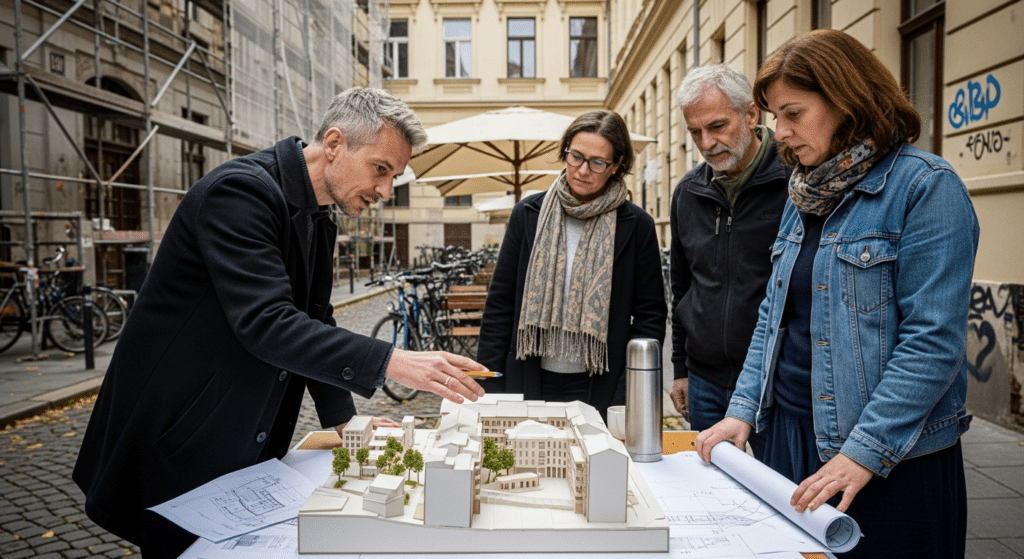 városfejlesztési stratégia budapest vii. kerület: tervező városmodell fölött, lakók hallgatnak