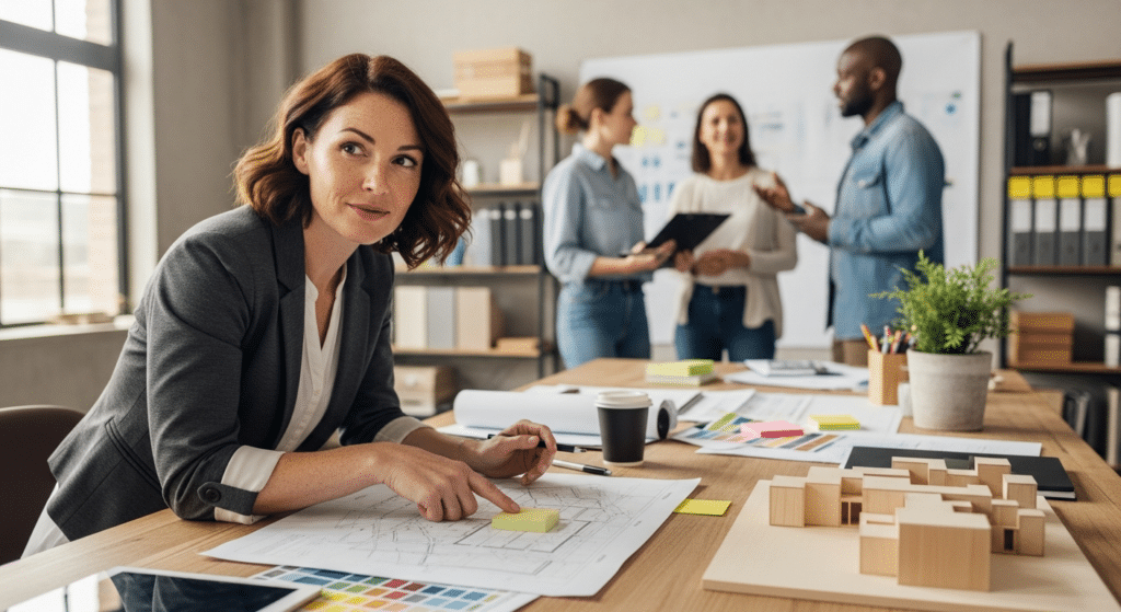 városfejlesztési társas női vezető tervező tervrajzok mellett