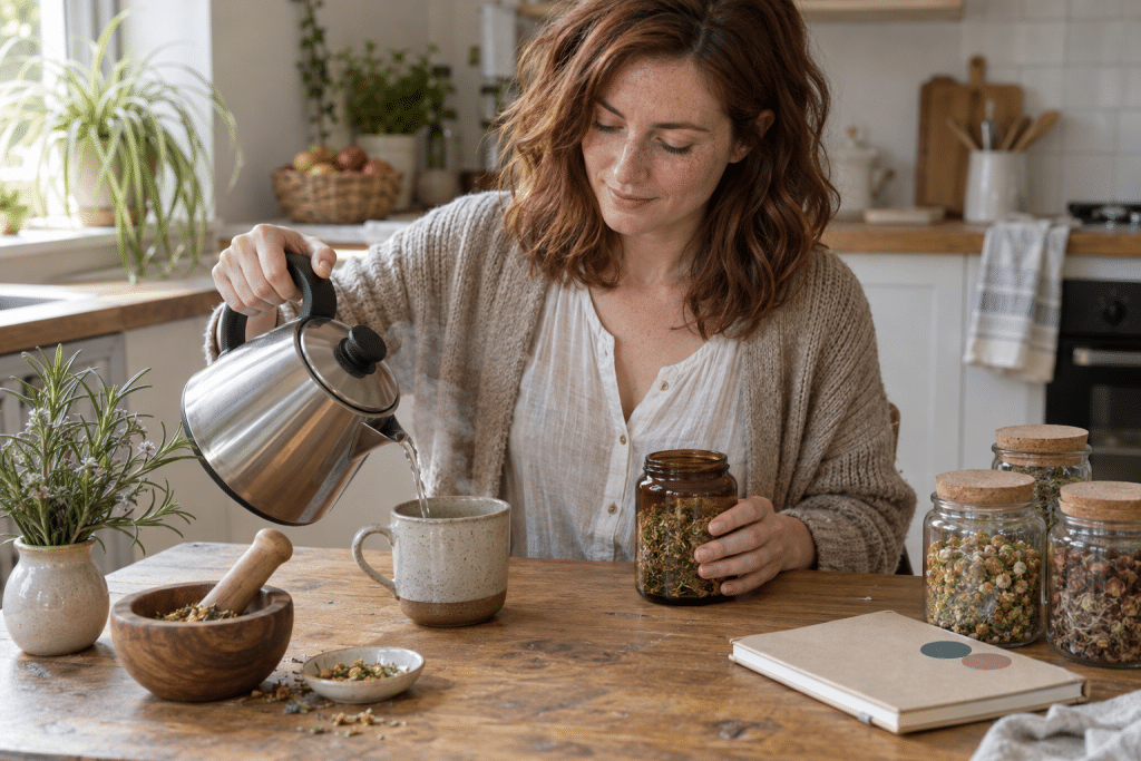 Gyógynövényes tanácsadó készít ciklustámogató teát, női egészség